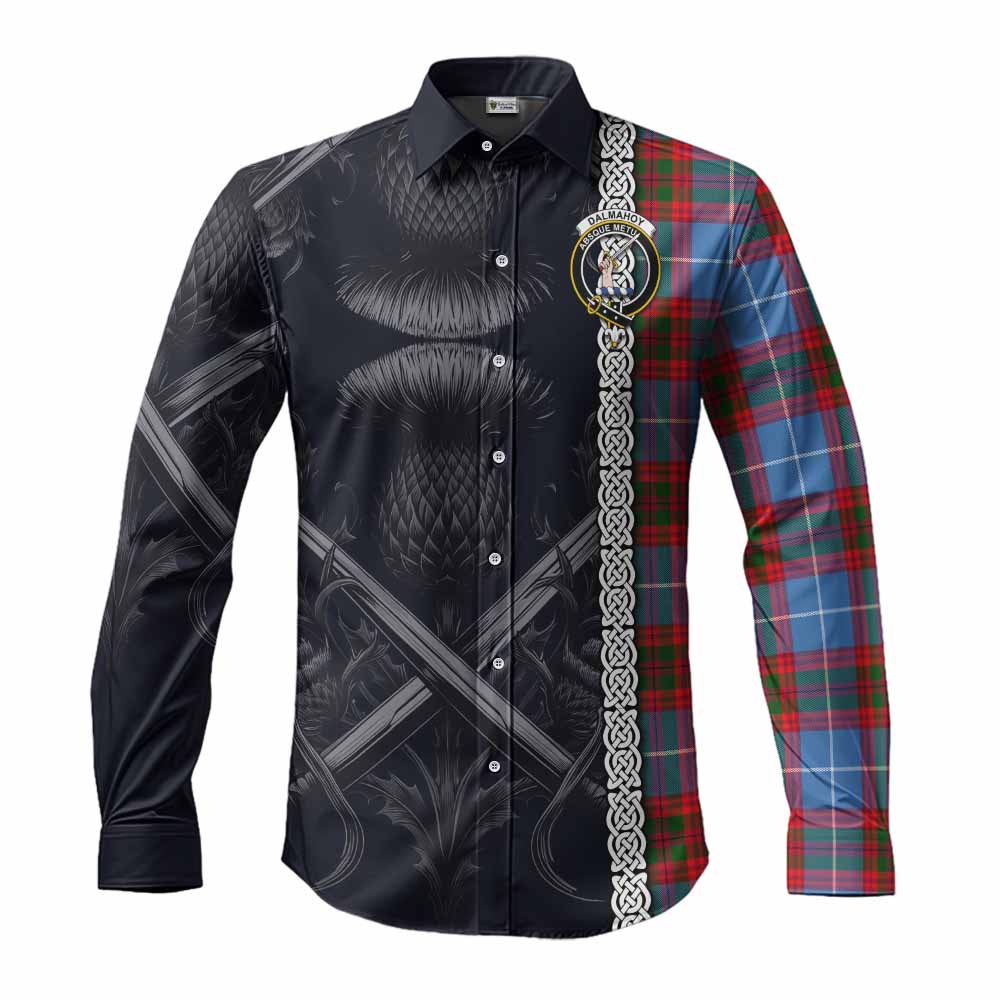 Tartan Vibes Clothing Dalmahoy Tartan Long Sleeve Button Shirt with Family Crest Cross Sword Thistle Celtic Vibes