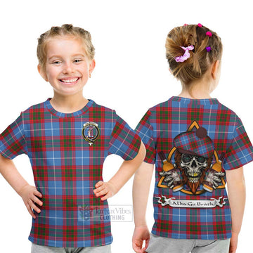 Dalmahoy Tartan Kid T-Shirt with Family Crest and Bearded Skull Holding Bottles of Whiskey - Tartan Vibes Clothing