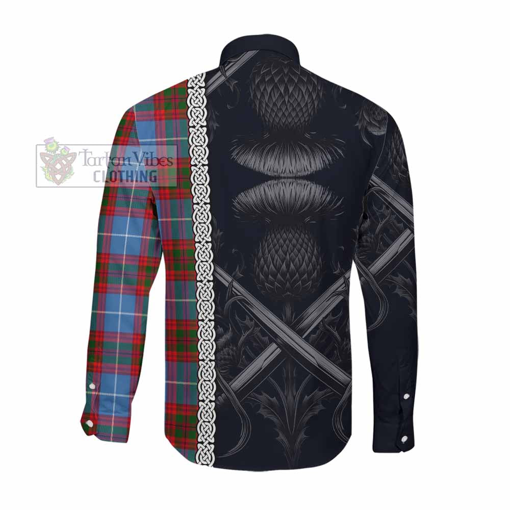 Tartan Vibes Clothing Dalmahoy Tartan Long Sleeve Button Shirt with Family Crest Cross Sword Thistle Celtic Vibes