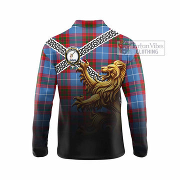 Dalmahoy Crest Tartan Long Sleeve Polo Shirt with Golden Lion Emblem Celtic Style - Tartan Vibes Clothing