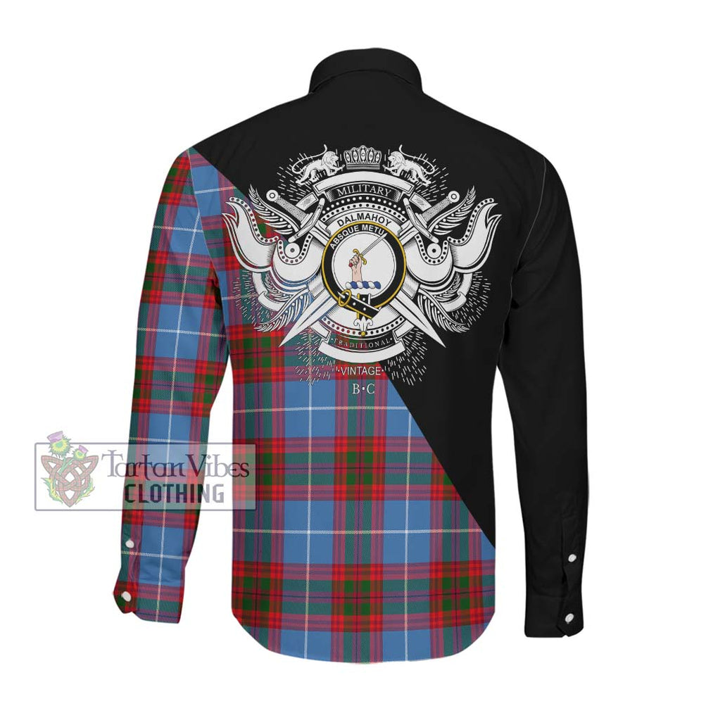 Dalmahoy Tartan Long Sleeve Button Shirt with Family Crest and Military Logo Style Men's Shirt - Tartanvibesclothing Shop