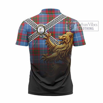 Dalmahoy Crest Tartan Zipper Polo Shirt with Golden Lion Emblem Celtic Style - Tartan Vibes Clothing