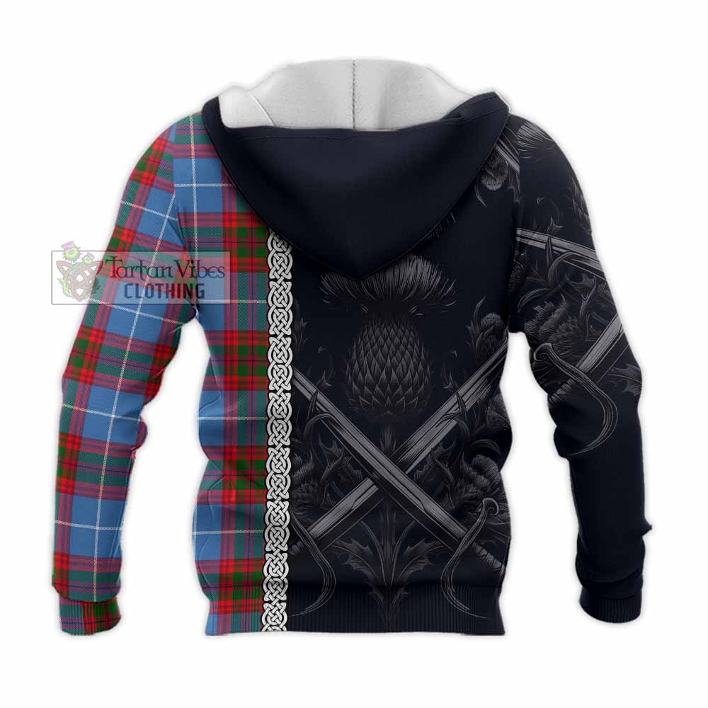 Tartan Vibes Clothing Dalmahoy Tartan Knitted Hoodie with Family Crest Cross Sword Thistle Celtic Vibes