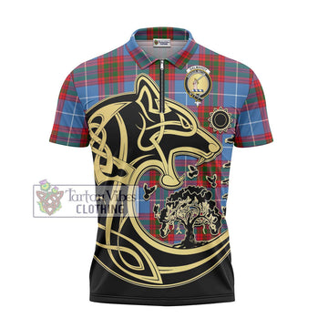 Dalmahoy Tartan Zipper Polo Shirt with Family Crest Celtic Wolf Style - Tartan Vibes Clothing