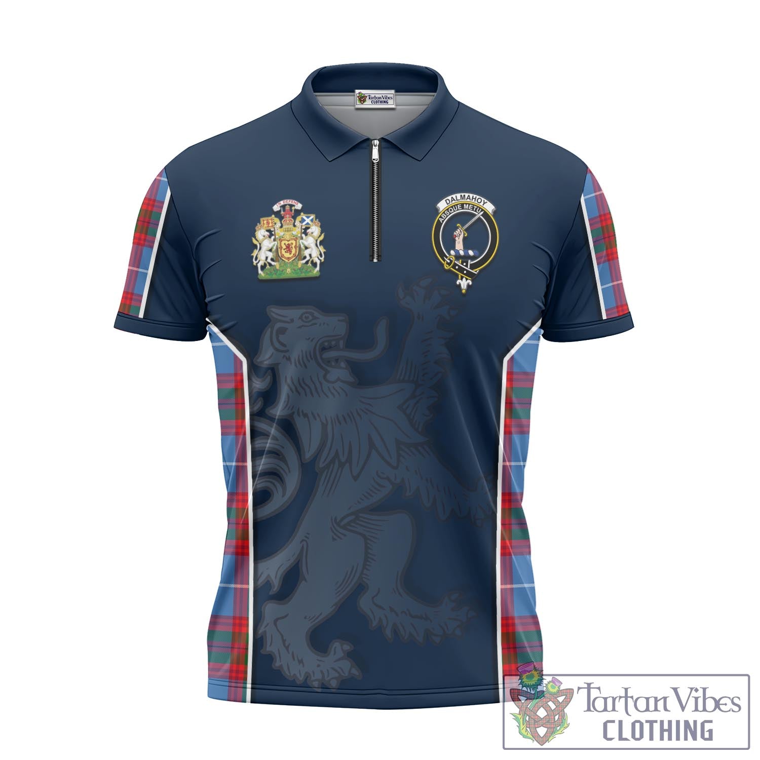 Tartan Vibes Clothing Dalmahoy Tartan Zipper Polo Shirt with Family Crest and Lion Rampant Vibes Sport Style