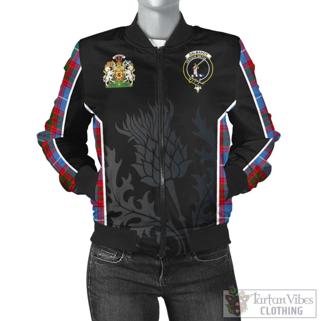 Dalmahoy Tartan Bomber Jacket with Family Crest and Scottish Thistle Vibes Sport Style - Tartan Vibes Clothing