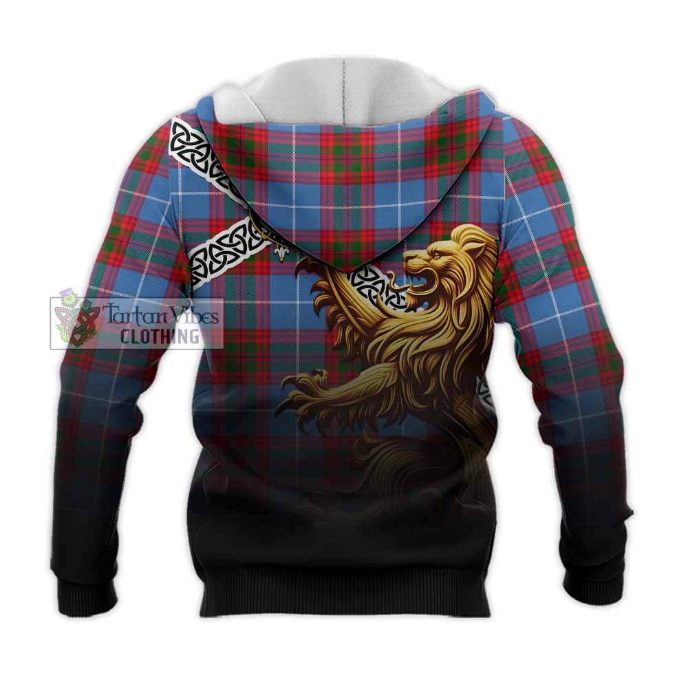 Tartan Vibes Clothing Dalmahoy Crest Tartan Knitted Hoodie with Golden Lion Emblem Celtic Style