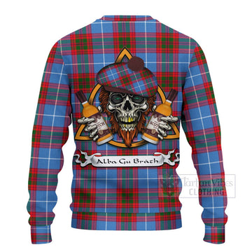 Dalmahoy Tartan Ugly Sweater with Family Crest and Bearded Skull Holding Bottles of Whiskey - Tartan Vibes Clothing