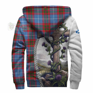 Dalmahoy Tartan Sherpa Hoodie with Family Crest and St. Andrew's Cross Accented by Thistle Vines - Tartan Vibes Clothing