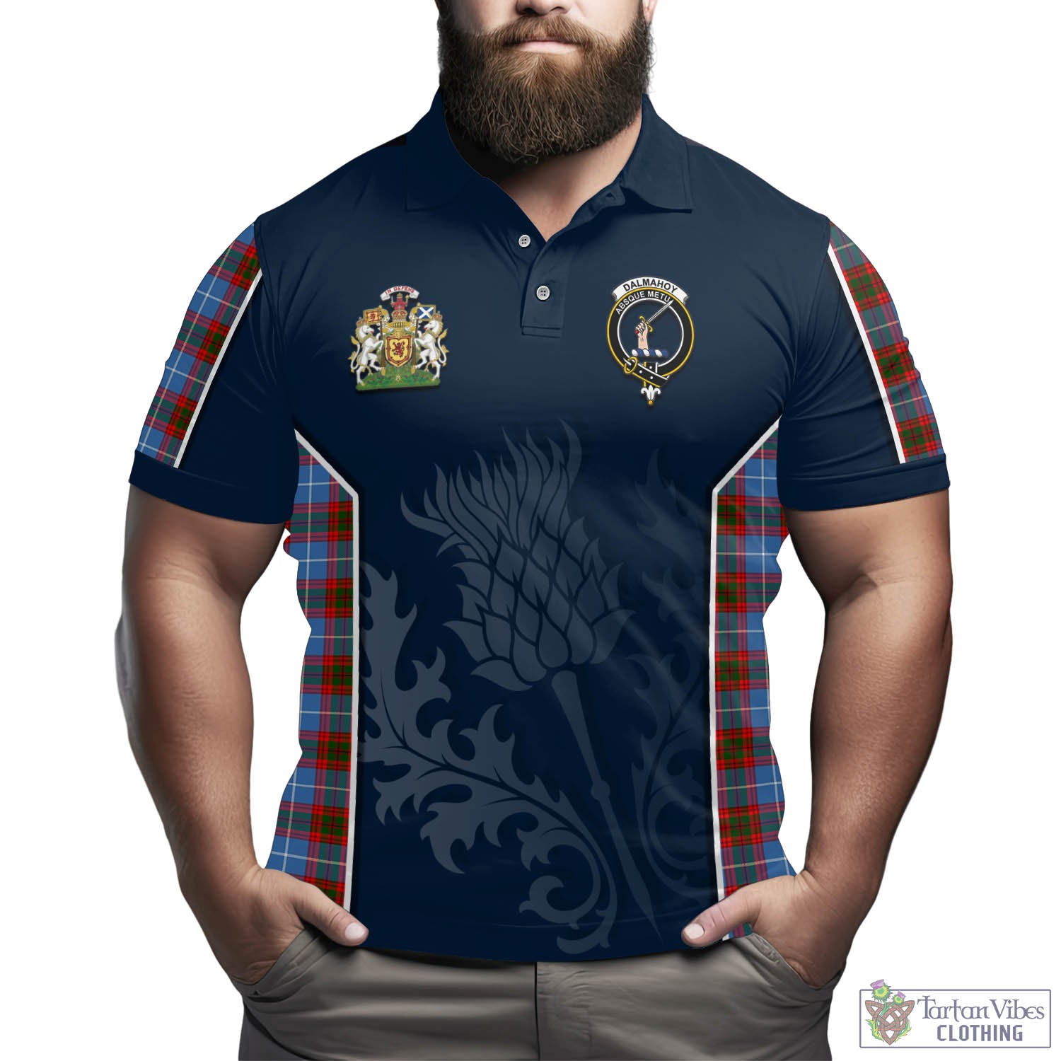 Tartan Vibes Clothing Dalmahoy Tartan Men's Polo Shirt with Family Crest and Scottish Thistle Vibes Sport Style
