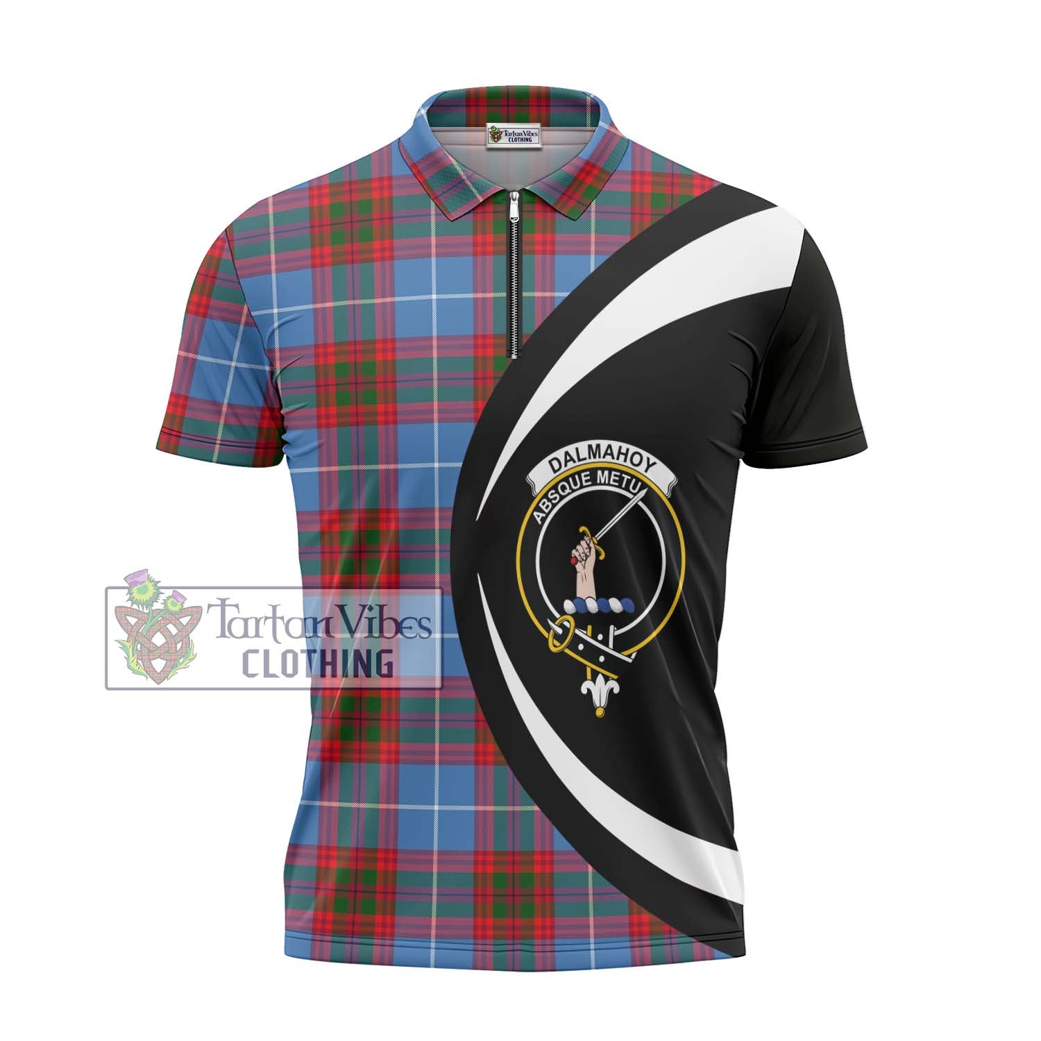 Dalmahoy Tartan Zipper Polo Shirt with Family Crest Circle Style - Tartan Vibes Clothing