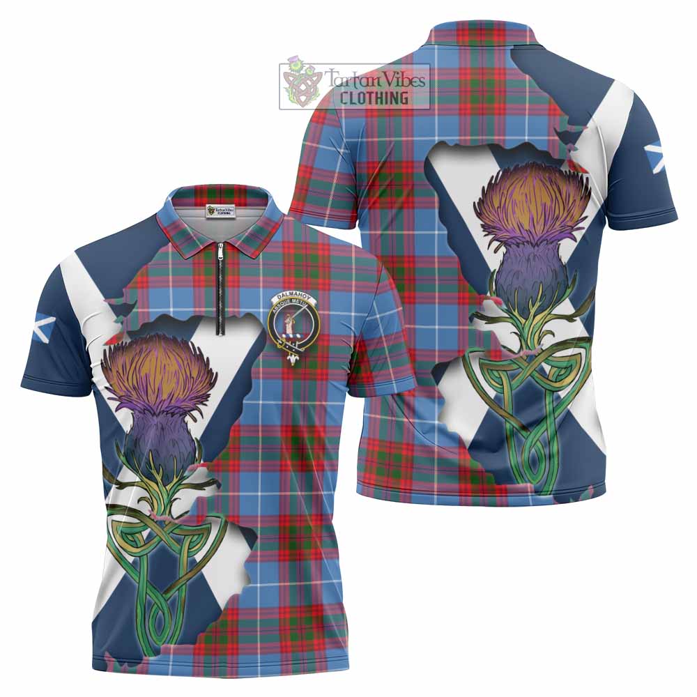 Tartan Vibes Clothing Dalmahoy Tartan Family Crest Zipper Polo Shirt Scottish Thistle Celtic Inspired