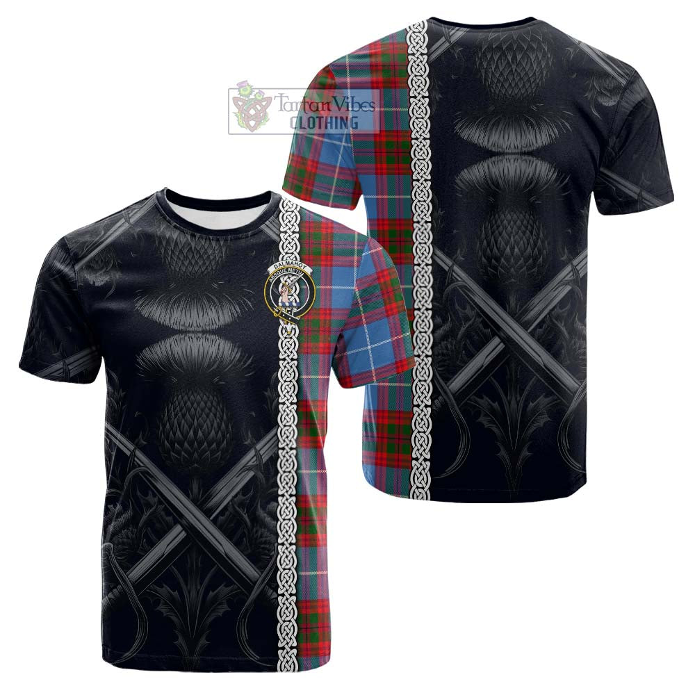 Tartan Vibes Clothing Dalmahoy Tartan Cotton T-shirt with Family Crest Cross Sword Thistle Celtic Vibes