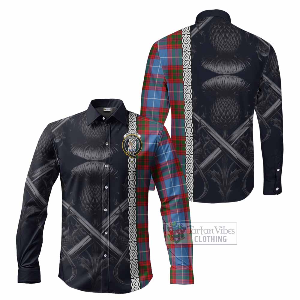 Tartan Vibes Clothing Dalmahoy Tartan Long Sleeve Button Shirt with Family Crest Cross Sword Thistle Celtic Vibes