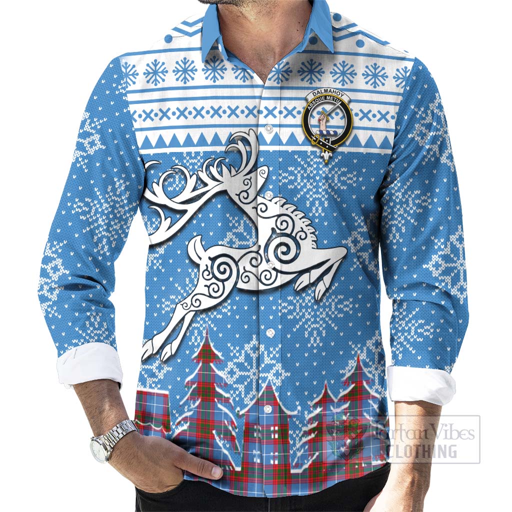 Dalmahoy Clan Christmas Long Sleeve Button Shirt Celtic Reindeer Style - Tartan Vibes Clothing
