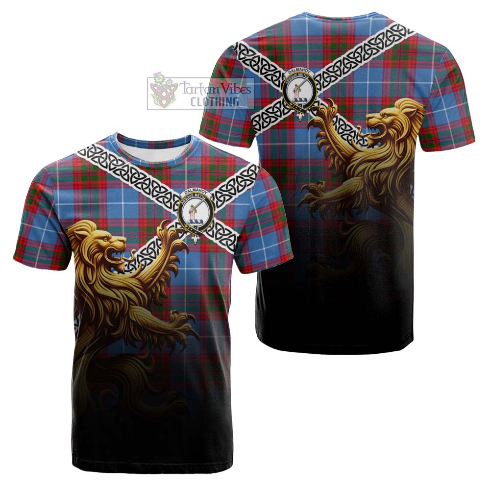 Tartan Vibes Clothing Dalmahoy Crest Tartan Cotton T-shirt with Golden Lion Emblem Celtic Style