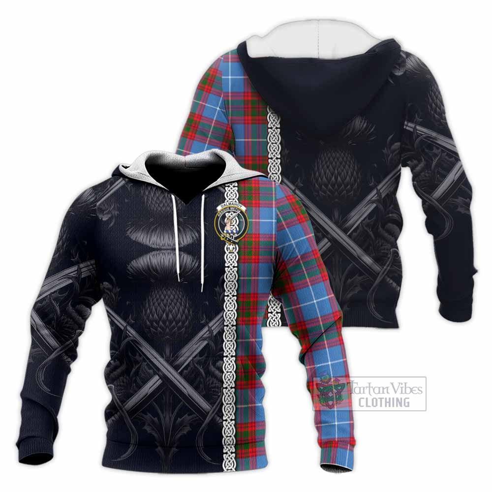 Tartan Vibes Clothing Dalmahoy Tartan Knitted Hoodie with Family Crest Cross Sword Thistle Celtic Vibes