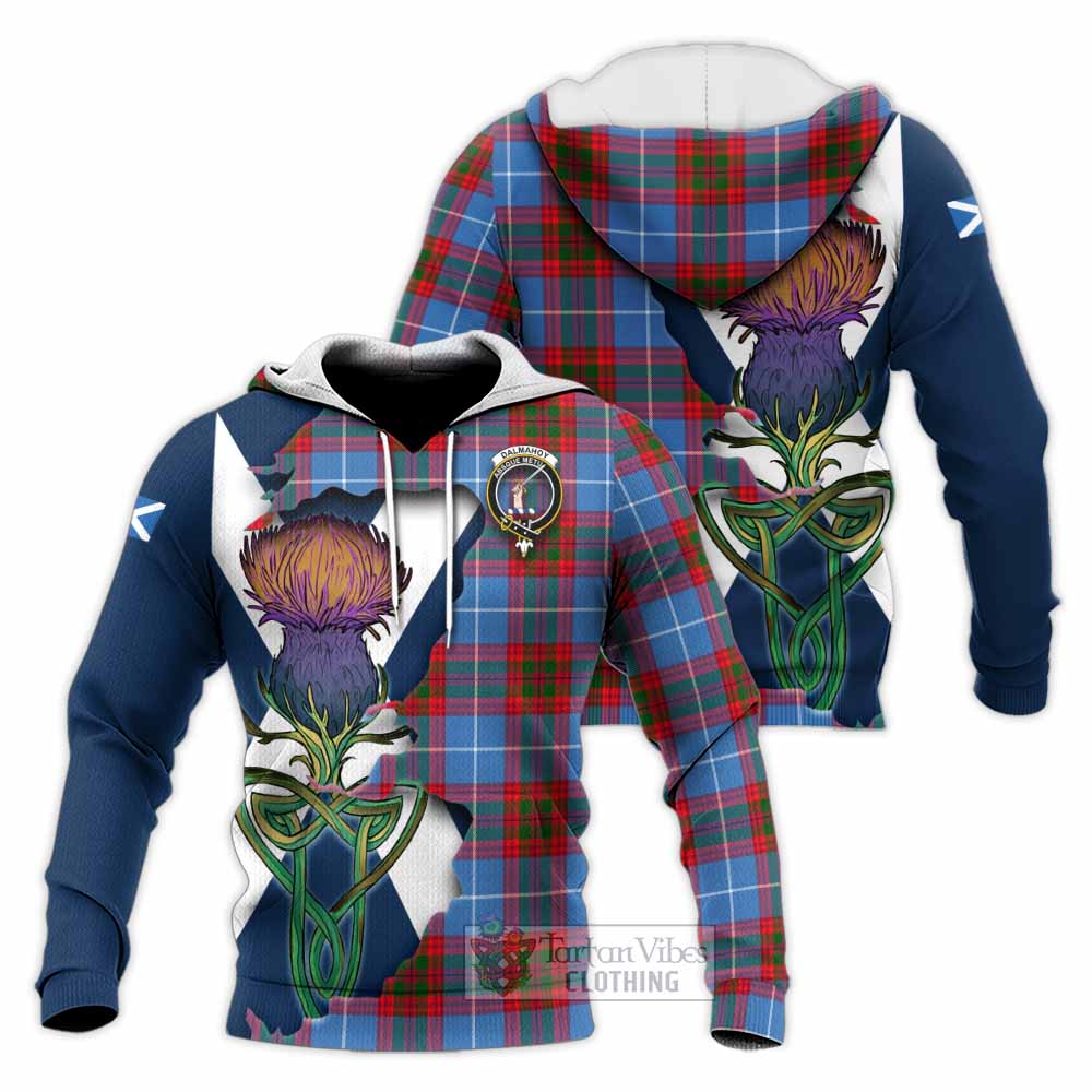 Tartan Vibes Clothing Dalmahoy Tartan Family Crest Knitted Hoodie Scottish Thistle Celtic Inspired