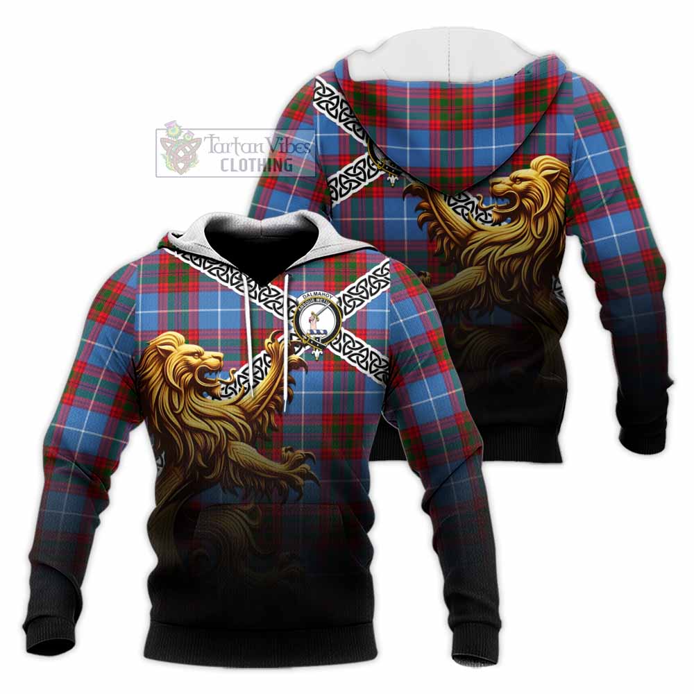 Tartan Vibes Clothing Dalmahoy Crest Tartan Knitted Hoodie with Golden Lion Emblem Celtic Style