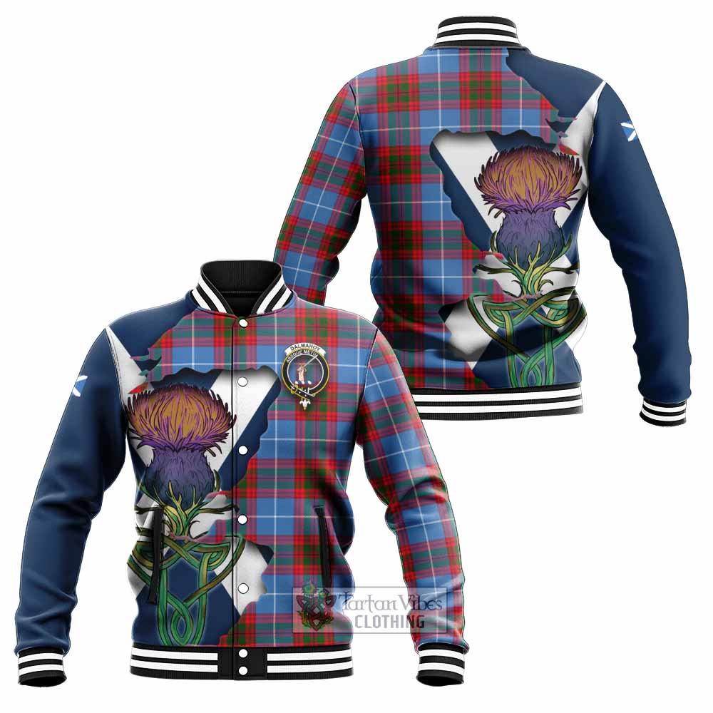 Tartan Vibes Clothing Dalmahoy Tartan Family Crest Baseball Jacket Scottish Thistle Celtic Inspired