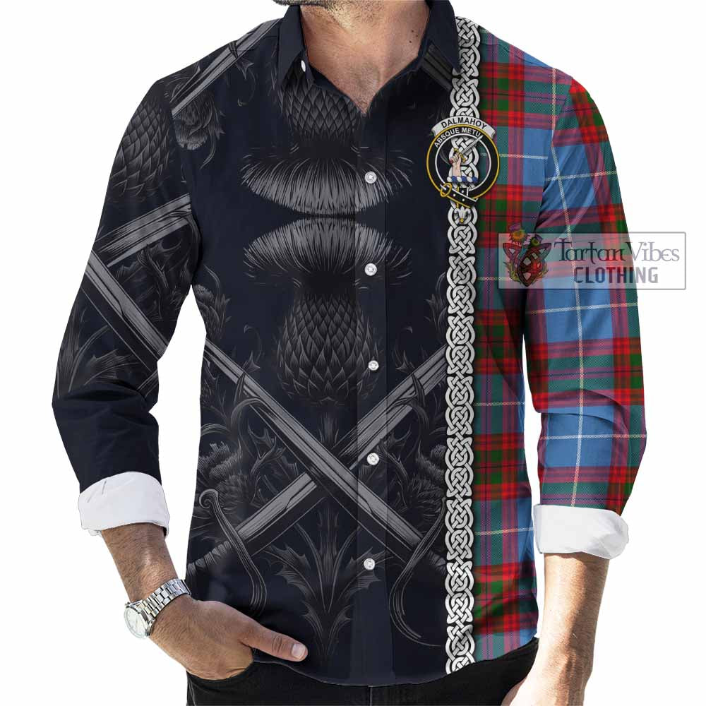 Tartan Vibes Clothing Dalmahoy Tartan Long Sleeve Button Shirt with Family Crest Cross Sword Thistle Celtic Vibes
