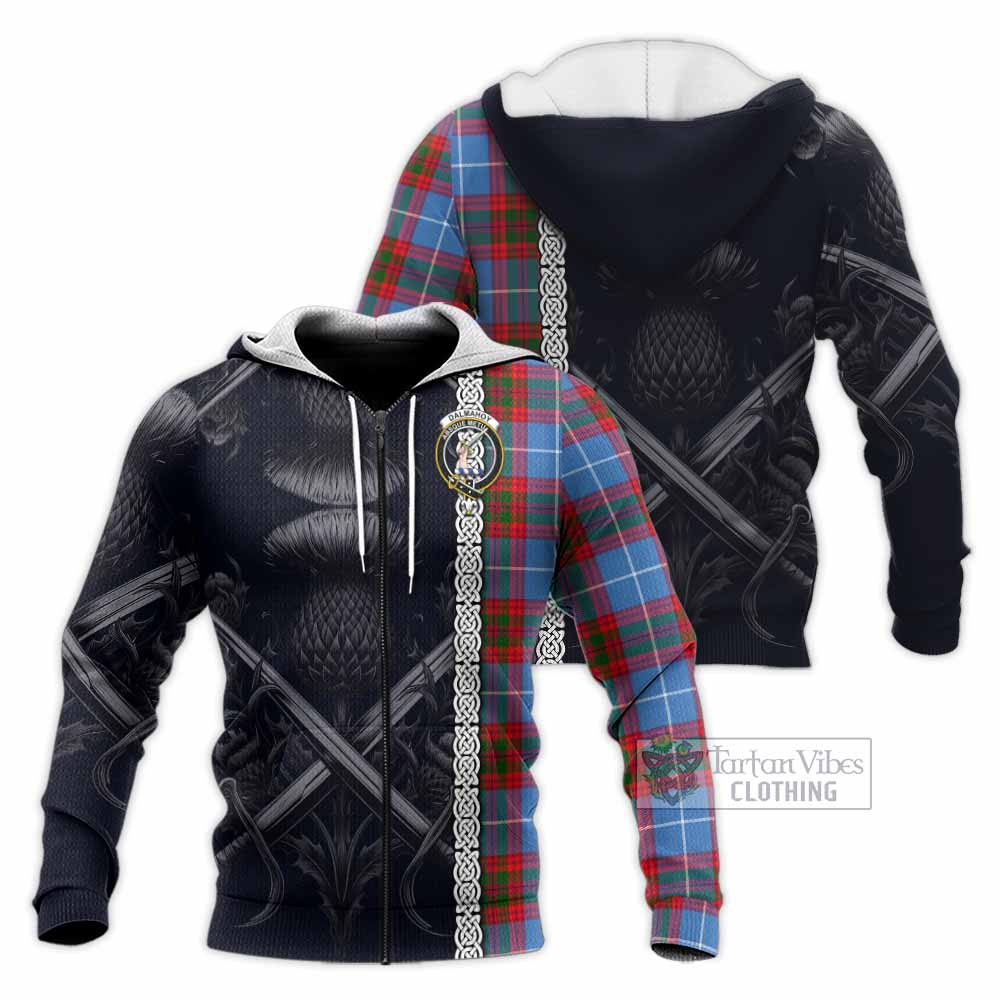 Tartan Vibes Clothing Dalmahoy Tartan Knitted Hoodie with Family Crest Cross Sword Thistle Celtic Vibes