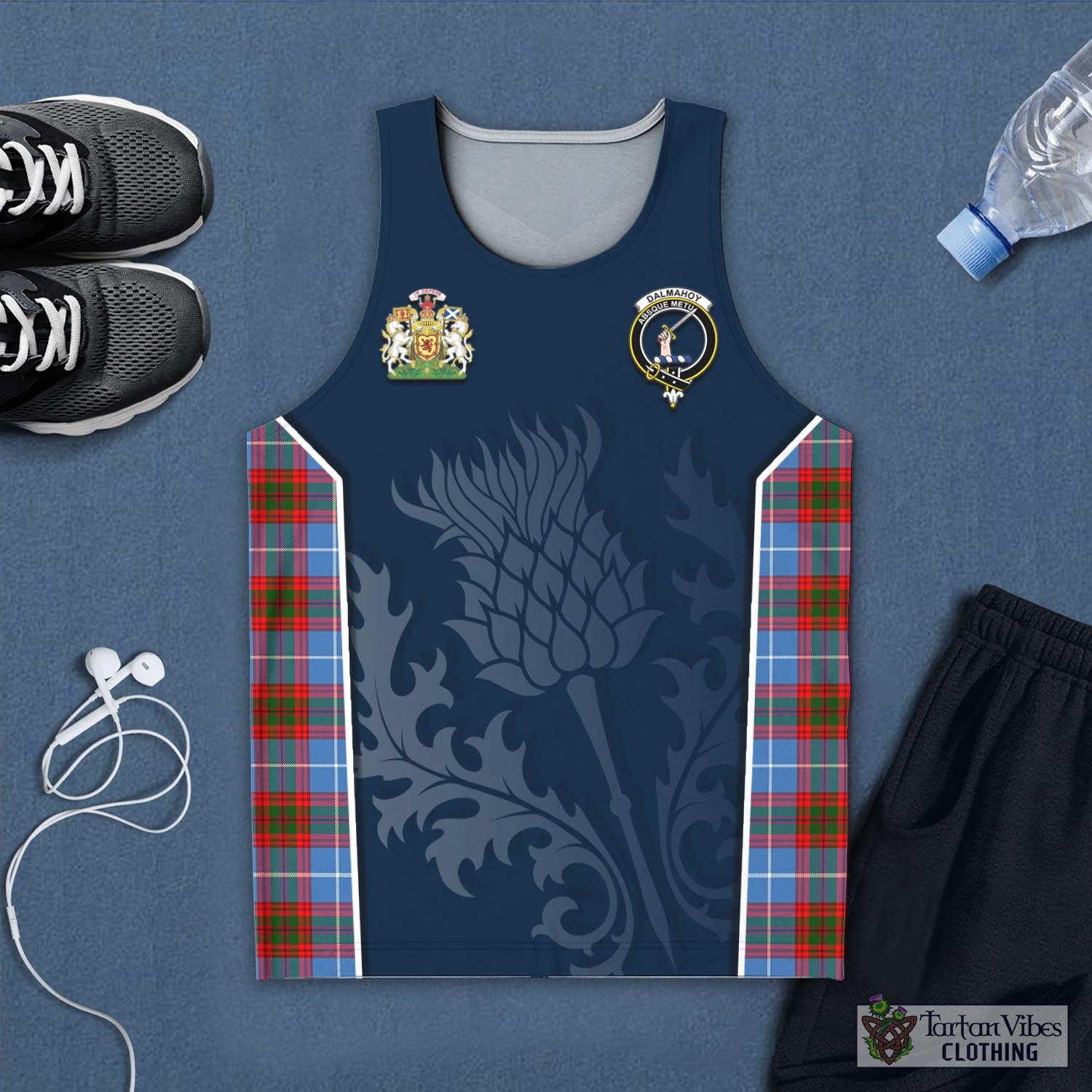 Tartan Vibes Clothing Dalmahoy Tartan Men's Tanks Top with Family Crest and Scottish Thistle Vibes Sport Style