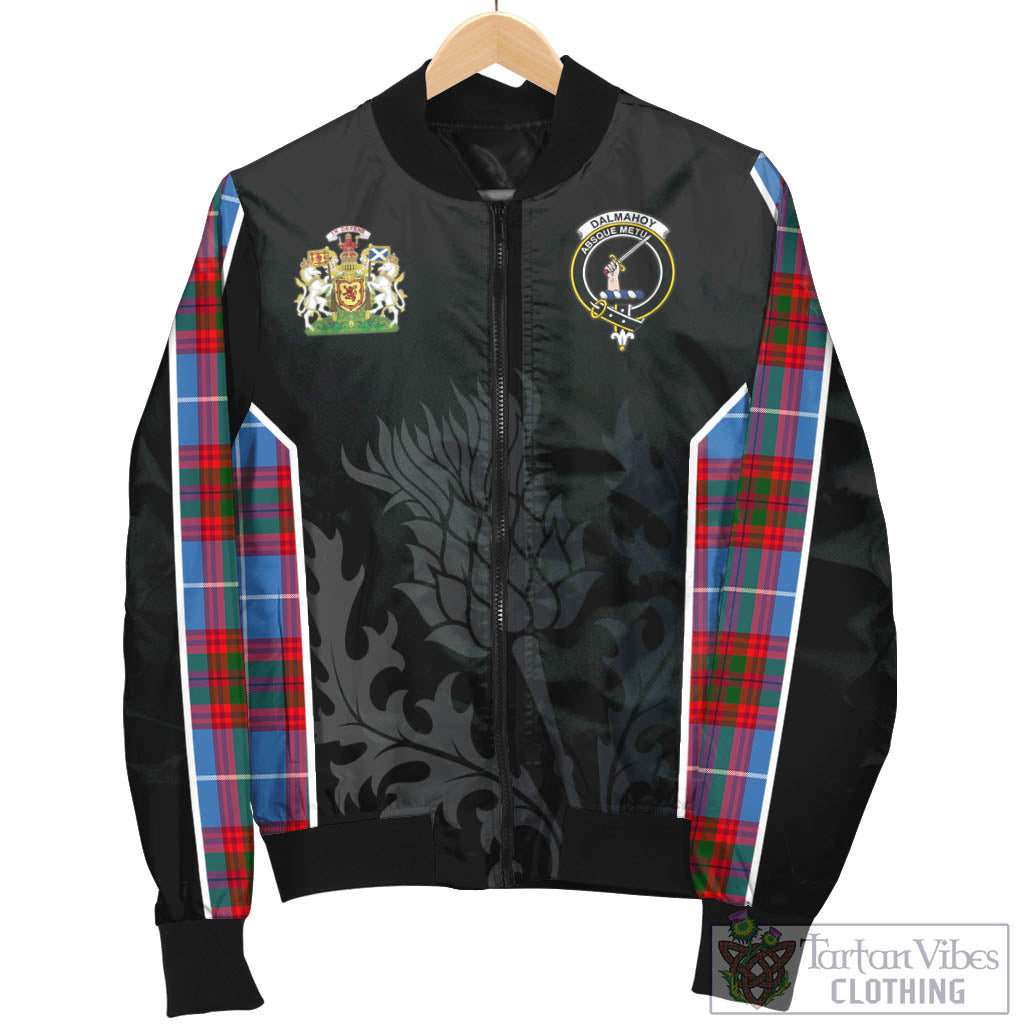 Dalmahoy Tartan Bomber Jacket with Family Crest and Scottish Thistle Vibes Sport Style - Tartan Vibes Clothing