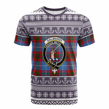 Dalmahoy Clan Tartan Christmas Cotton T-shirt with Family Crest