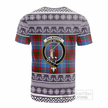 Dalmahoy Clan Tartan Christmas Cotton T-shirt with Family Crest