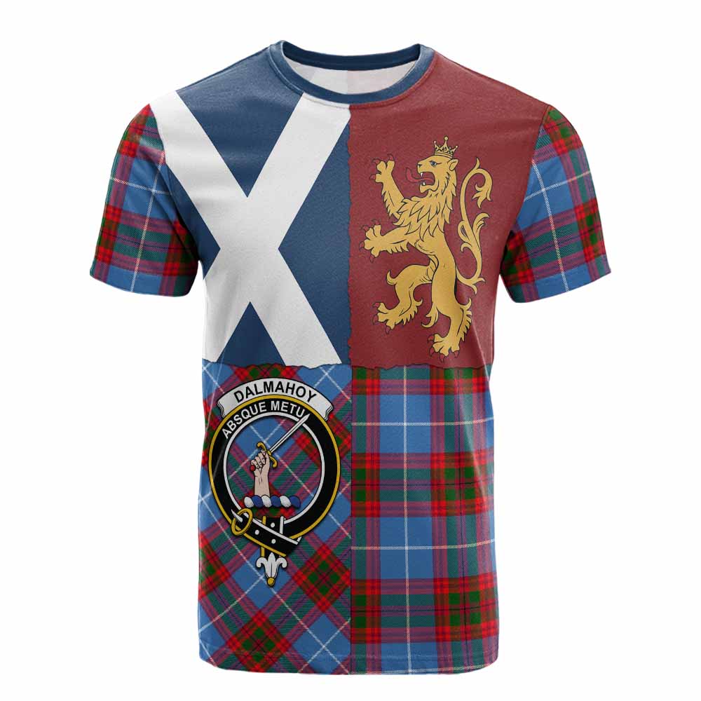 Dalmahoy Crest Tartan Cotton T-shirt with Lion Rampant Saltire Style - Tartan Vibes Clothing