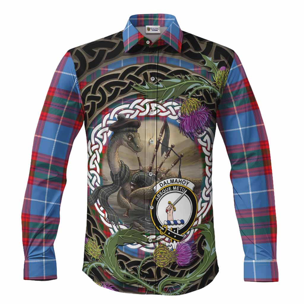 Dalmahoy Tartan Crest Bagpipe Nessie Long Sleeve Button Shirts Scottish Loch Ness Monster Celtic Thistle