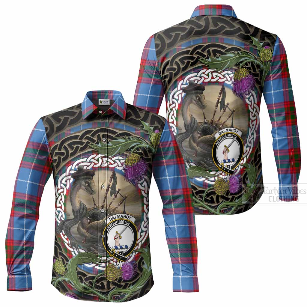 Dalmahoy Tartan Crest Bagpipe Nessie Long Sleeve Button Shirts Scottish Loch Ness Monster Celtic Thistle
