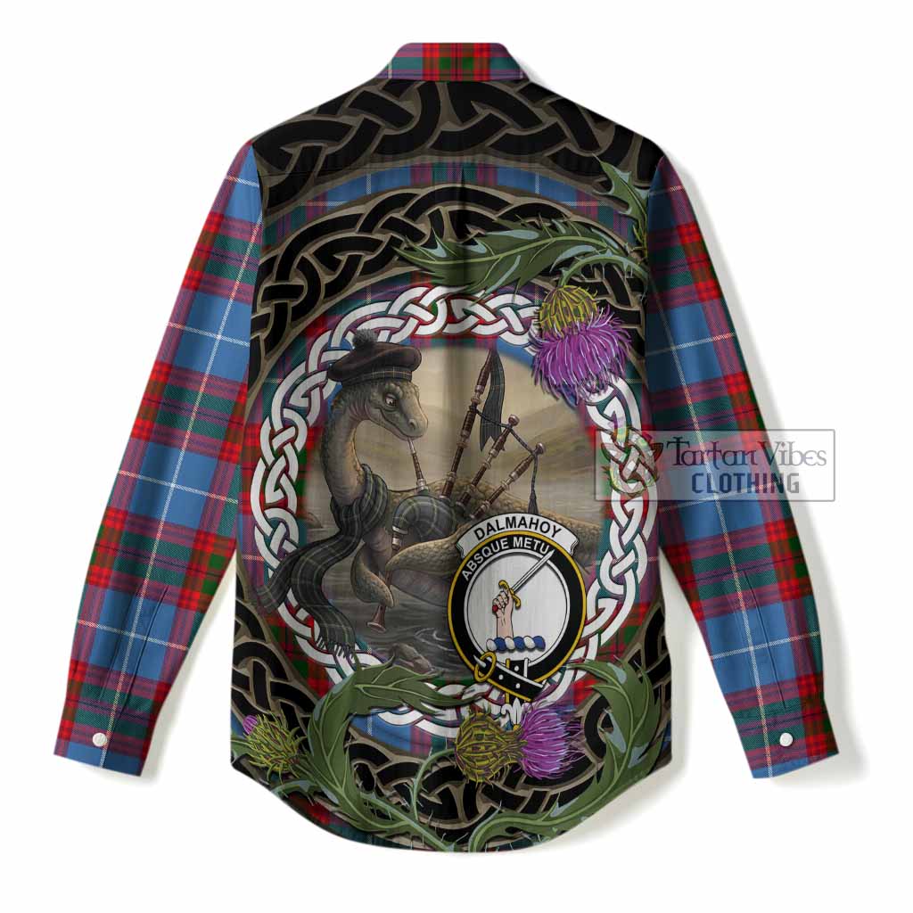 Dalmahoy Tartan Crest Bagpipe Nessie Women Casual Shirt Scottish Loch Ness Monster Celtic Thistle