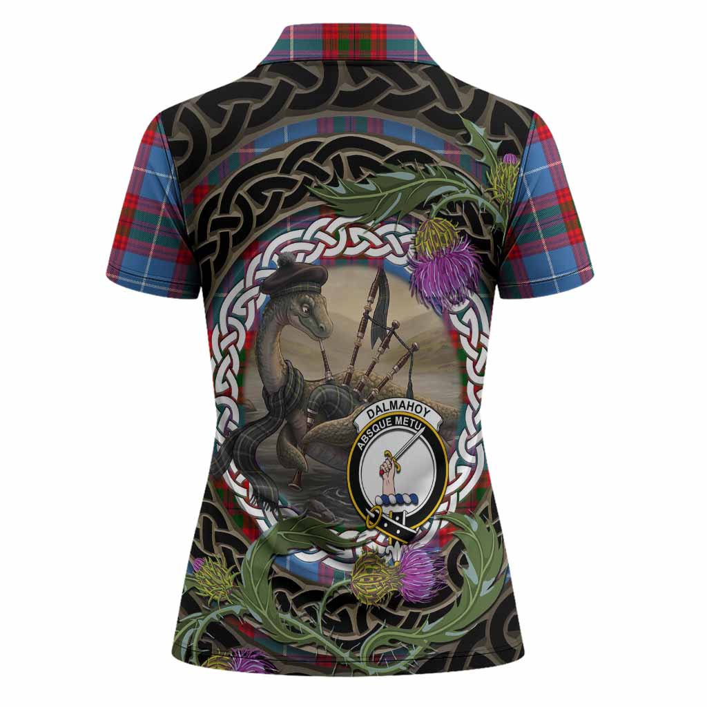 Dalmahoy Tartan Crest Bagpipe Nessie Women Polo Shirt Scottish Loch Ness Monster Celtic Thistle