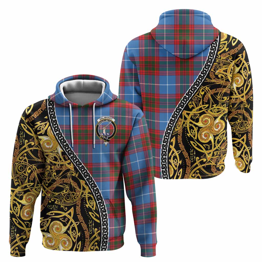 Dalmahoy Tartan Crest Hoodie Celtic Knot and Triple Trickle Spiral Symbols