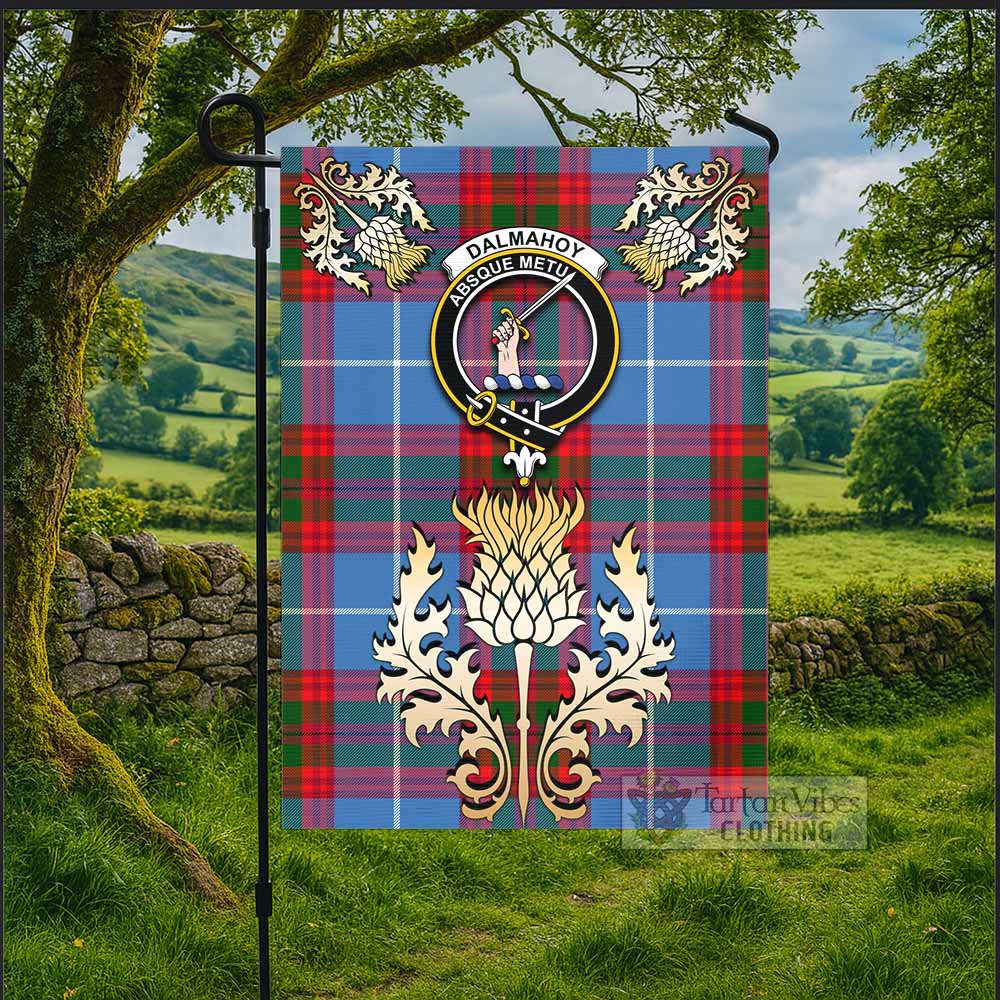 Dalmahoy Tartan Garden Flag with Golden Regal Scottish Thistle Emblem - Tartan Vibes Clothing