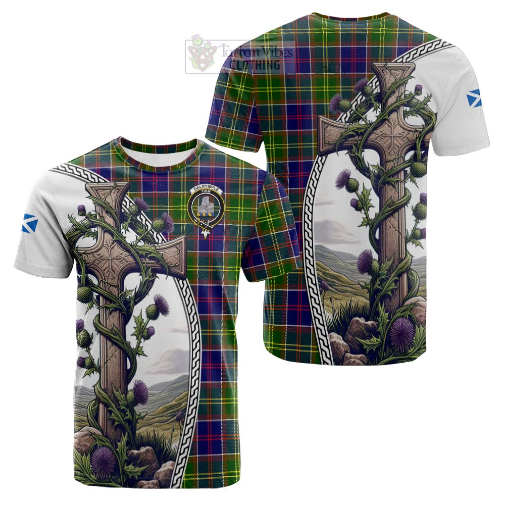 Tartan Vibes Clothing Dalrymple Tartan Cotton T-shirt with Family Crest and St. Andrew's Cross Accented by Thistle Vines