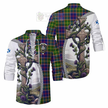 Dalrymple Tartan Ghillie Kilt Shirt with Family Crest and St. Andrew's Cross Accented by Thistle Vines Men - Tartan Vibes Clothing
