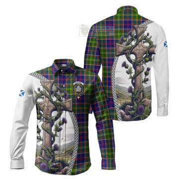 Dalrymple Tartan Long Sleeve Button Shirt with Family Crest and St. Andrew's Cross Accented by Thistle Vines Men's Shirt S - Tartan Vibes Clothing