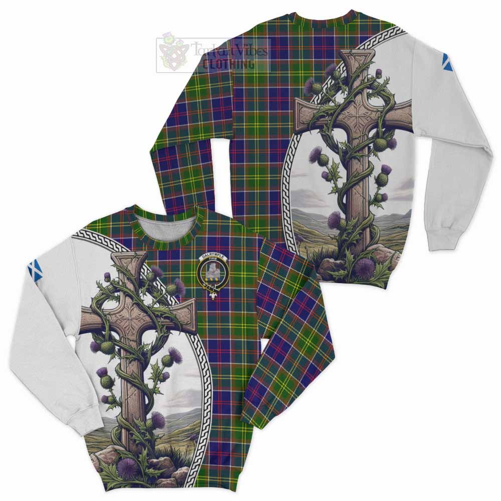 Dalrymple Tartan Sweatshirt with Family Crest and St. Andrew's Cross Accented by Thistle Vines Unisex - Tartan Vibes Clothing
