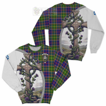 Dalrymple Tartan Sweatshirt with Family Crest and St. Andrew's Cross Accented by Thistle Vines Unisex - Tartan Vibes Clothing