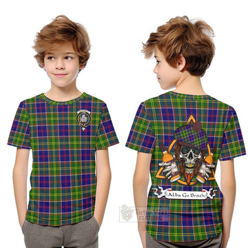 Dalrymple Tartan Kid T-Shirt with Family Crest and Bearded Skull Holding Bottles of Whiskey Youth XL Size14 - Tartan Vibes Clothing