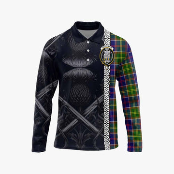 Dalrymple Tartan Long Sleeve Polo Shirt with Family Crest Cross Sword Thistle Celtic Vibes Unisex - Tartan Vibes Clothing