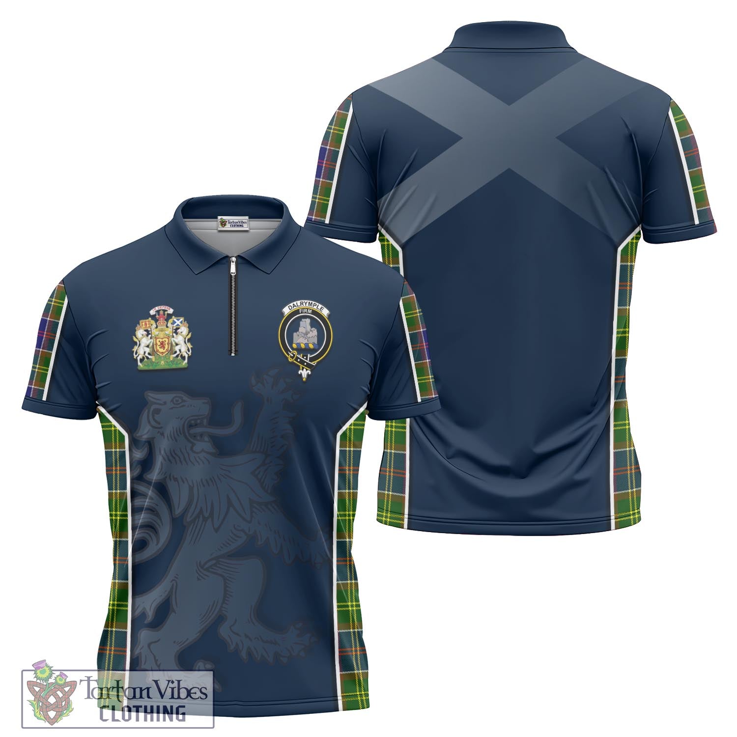 Tartan Vibes Clothing Dalrymple Tartan Zipper Polo Shirt with Family Crest and Lion Rampant Vibes Sport Style