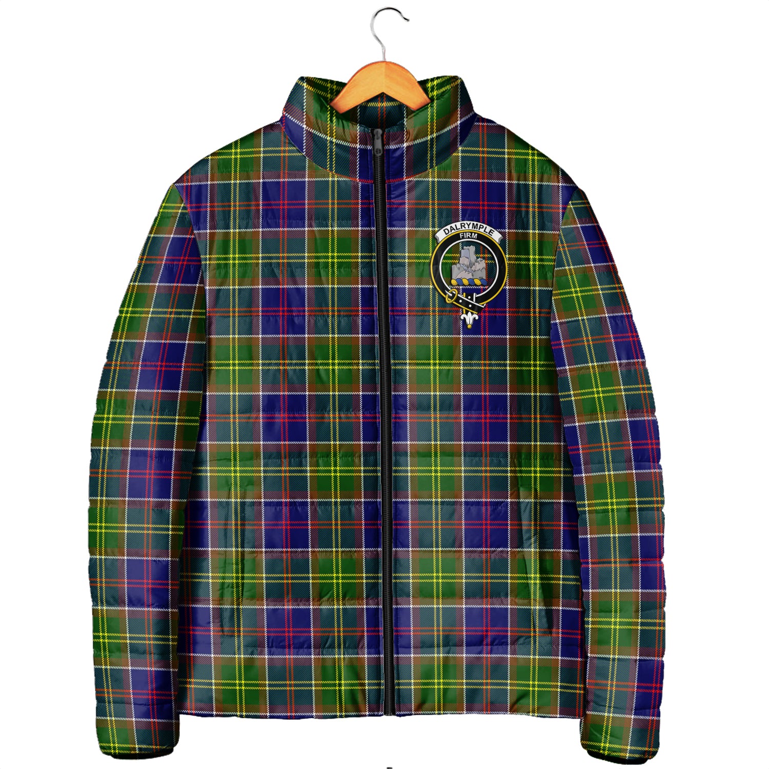 Dalrymple Tartan Padded Jacket with Family Crest Men's Padded Jacket - Tartan Vibes Clothing