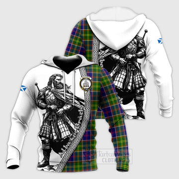 Dalrymple Tartan Clan Crest Knitted Hoodie with Highlander Warrior Celtic Style Unisex Knitted Pullover Hoodie - Tartan Vibes Clothing