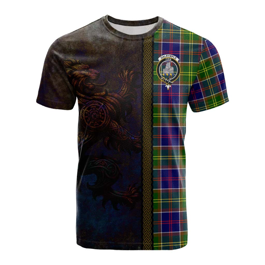 Tartan Vibes Clothing Dalrymple Tartan Family Crest Cotton T-shirt Alba Gu Brath Be Brave Lion Ancient Style