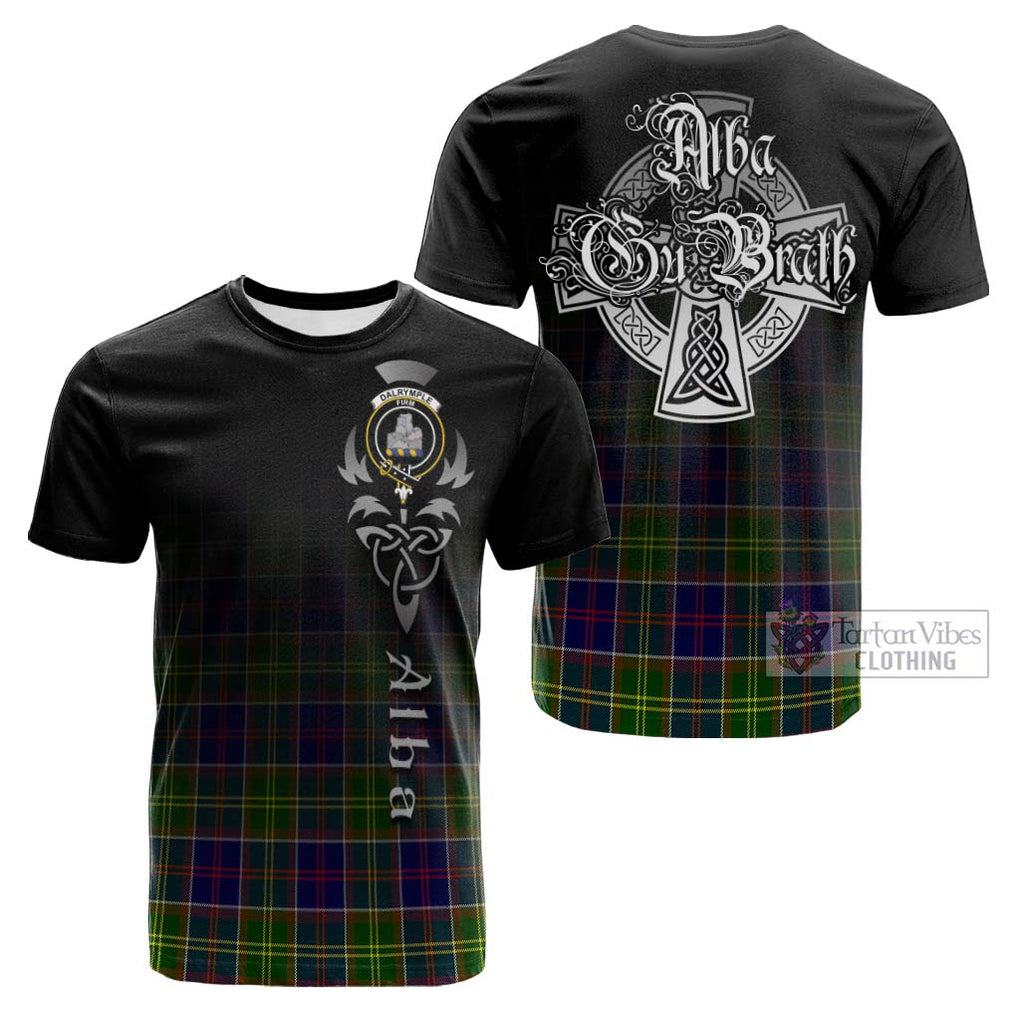 Tartan Vibes Clothing Dalrymple Tartan Cotton T-shirt Featuring Alba Gu Brath Family Crest Celtic Inspired