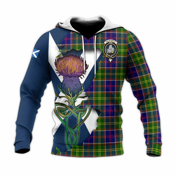 Tartan Vibes Clothing Dalrymple Tartan Family Crest Knitted Hoodie Scottish Thistle Celtic Inspired